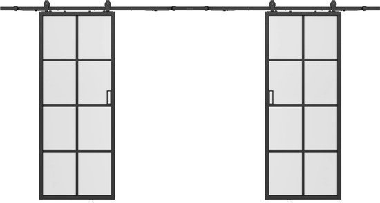 Deux portes coulissantes noires avec cadre en acier noir et panneaux de verre.