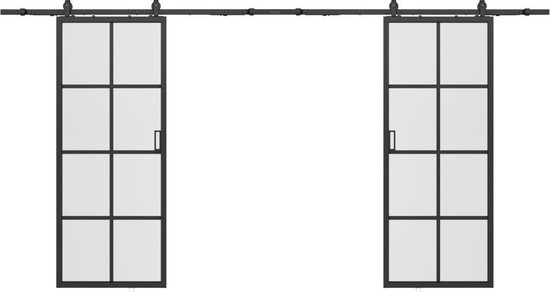 Deux portes coulissantes en acier noir avec une conception à huit panneaux de verre.