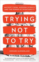 Boek 'Trying Not to Try' met rode horizontale banen en een zwart-wit illustratie van een man.