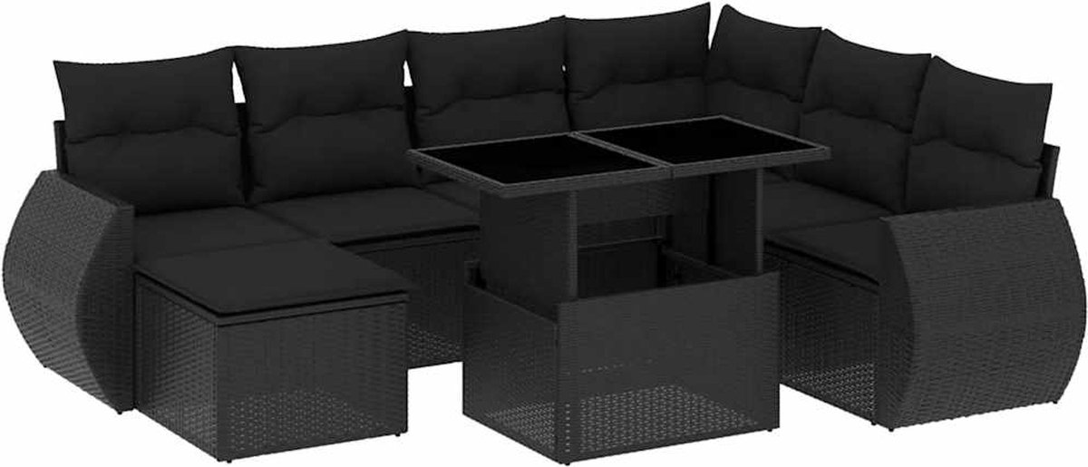 The Living Store 8-delige Loungeset met kussens poly rattan zwart - Loungeset - Tuinlounge - Buitendining - Lounge Set - Tuinmeubels