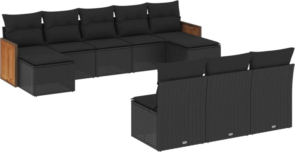 The Living Store 10-delige Loungeset met kussens poly rattan zwart - Loungeset - Lounge Set - Tuinlounge - Buitendecoratie - Outdoor Furniture