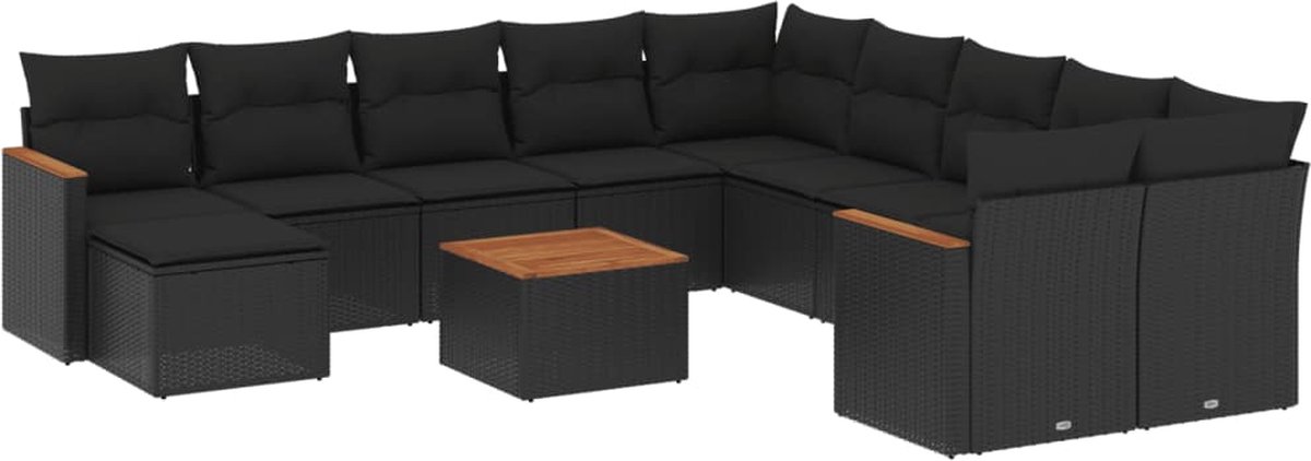 Zwarte poly rattan loungeset met kussens voor buiten - The Living Store.