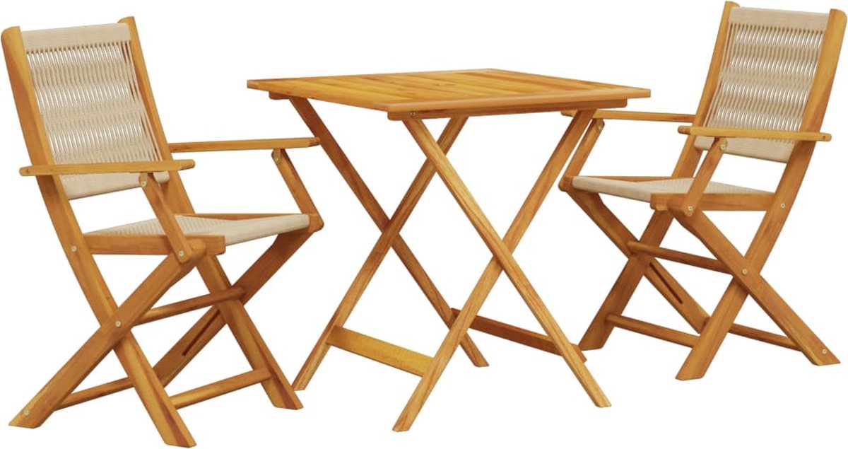 Bistroset in beige polypropeen en massief hout voor buiten.