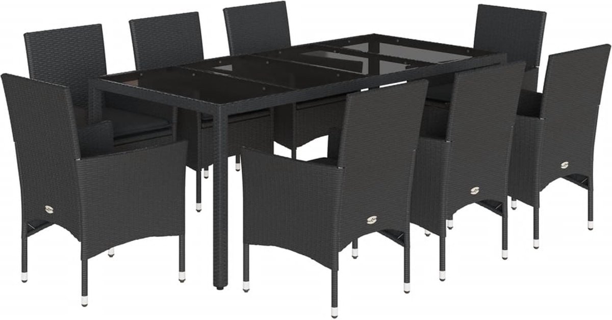The Living Store 9-delige Tuinset met kussens poly rattan en glas zwart - Tuinset - Buitenkamer - Lounge Set - Eetkamerset - Patio Set