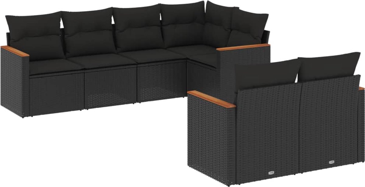 Zwart poly rattan loungeset met kussens voor tuin - The Living Store.