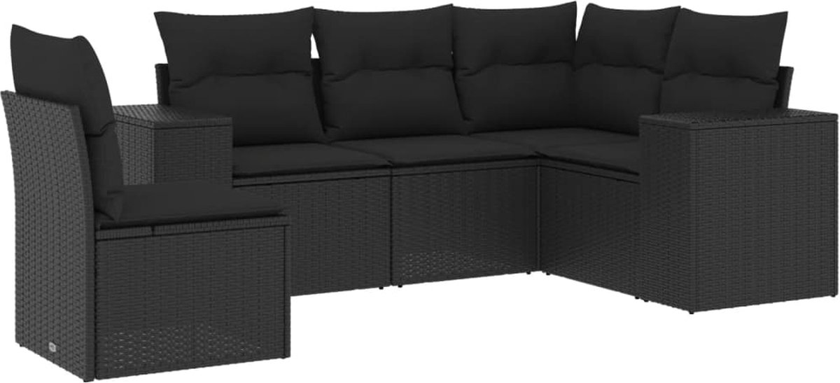 The Living Store 5-delige Loungeset met kussens poly rattan zwart - Loungebank - Tuinset - Loungehoek - Buitendecoratie - Tuinstoelen