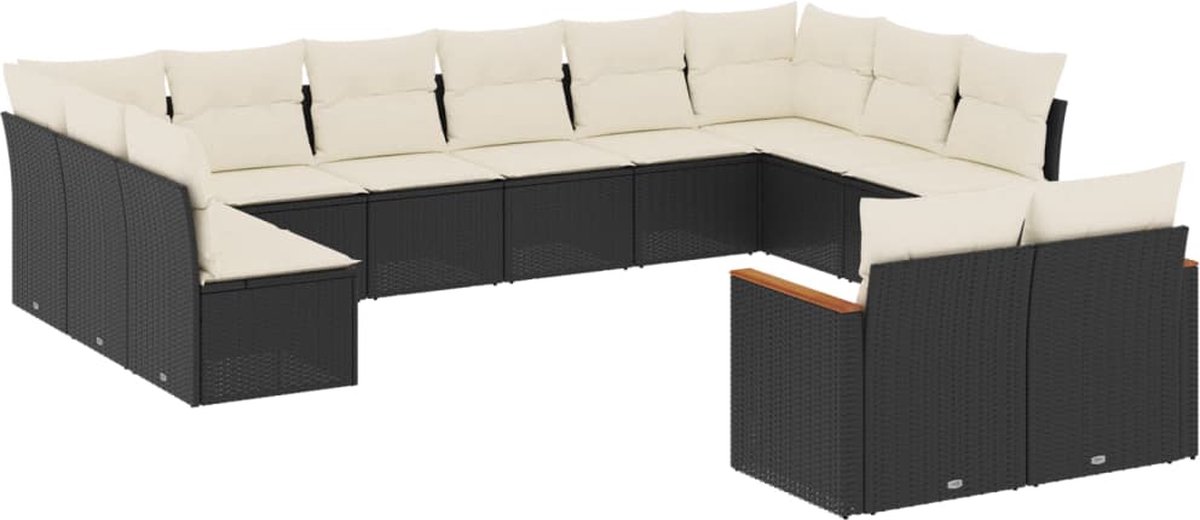 The Living Store 12-delige Loungeset met kussens poly rattan zwart - Loungebank - Tuinset - Lounge Set - Buis Meubel - Outdoor Furniture