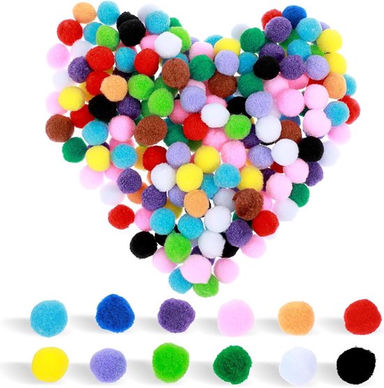 Lot De 200 Pompons Multicolores - Assortiment 7 Couleurs, 3 Tailles (1.5, 2.5, 3.5 Cm), Parfait Pour Activités Manuelles Et Décoration