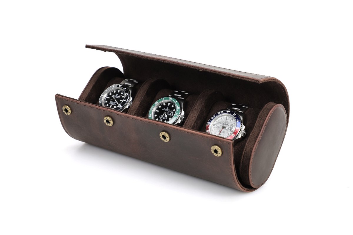 Timezone - Leren Watch roll voor 3 Horloges - Horloge doos - Horloge etui - Horloge reisetui - Horloge Rol