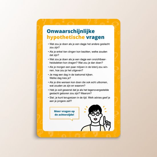 Onwaarschijnlijke hypothetische vragen, met een illustratie van een jongen die nadenkt.