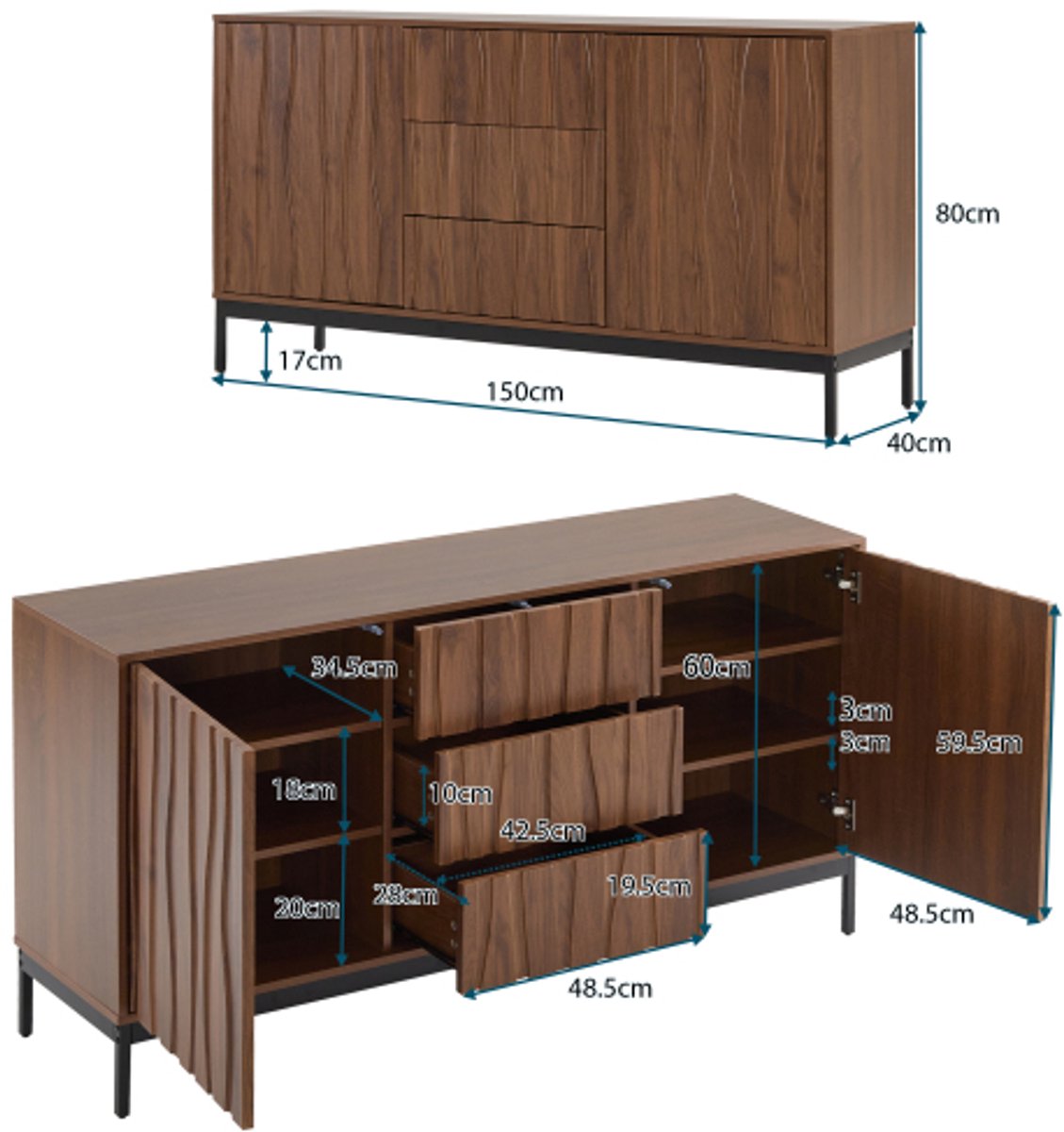Modern Dressoir Met 3 Deuren - 120 X 40 X 78,5 Cm - MDF En Spaanplaat Voor Woonkamer Of Keuken Wit