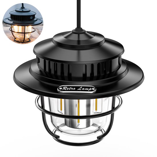 Camping Lantaarn – LED Tentlamp – Oplaadbaar & Traploos Dimbaar – Outdoor Buitenlamp – Meerkleurige Lichttemperatuur – Ophangbaar – IPX4 Waterdicht – Vintage Design – Zwart