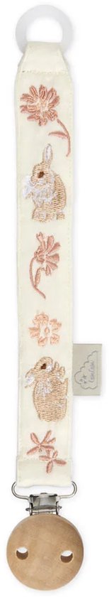 Crème fopspeenkoord met geborduurde konijntjes en bloemen in roze en bruin.