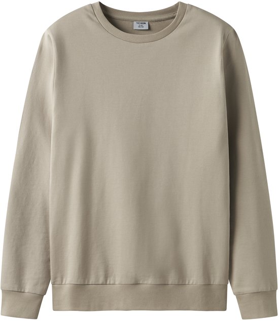 Beige sweater met lange mouwen, ronde hals en geribde boorden. Label met 'TWO SOON 11-12Y 146-152'.