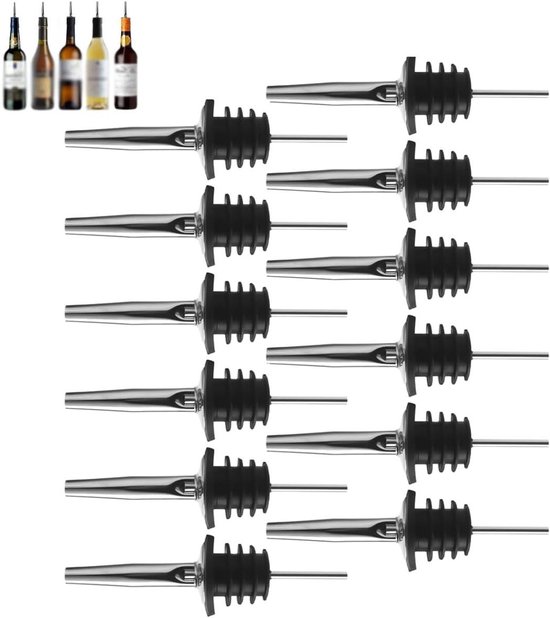 BALTRE 6 stuks roestvrijstalen snelheidsflesschenken, sterke drank met stofdoppen, olijfolie schenktuit taps toelopende tuit voor 3/4 inch fles mond, wijn en sterke drank flessen