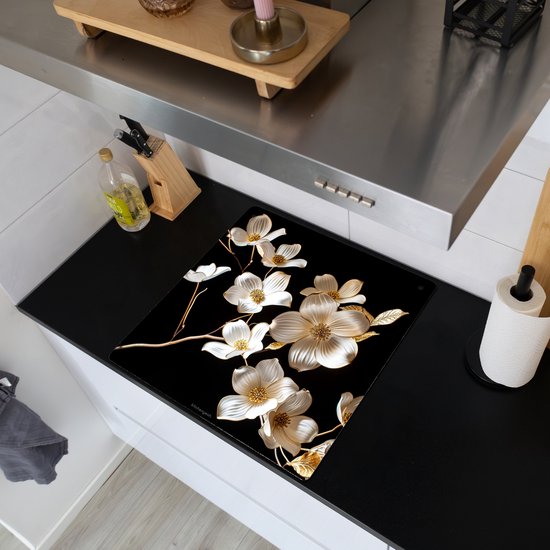 KitchenYeah® Inductie beschermer 78x78 cm - Bloemen - Wit - Goud - Kookplaataccessoires - Afdekplaat voor kookplaat & Spatscherm achterwand - Inductiebeschermer - Inductiemat - Inductieplaat mat - Keuken decoratie