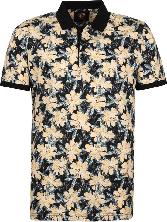 Donkerblauwe polo met bloemenprint, zwarte kraag en manchetten.