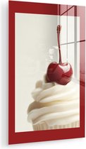 MuchoWow® Glasschilderij 120x180 cm - Schilderij acrylglas - Cupcake - Kers - Rood - Foto op glas - Muurdecoratie woonkamer - Wanddecoratie slaapkamer - Schilderijen