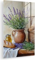 MuchoWow® Glasschilderij 120x180 cm - Schilderij acrylglas - Lavendel - Brood - Stilleven - Foto op glas - Muurdecoratie woonkamer - Wanddecoratie slaapkamer - Schilderijen