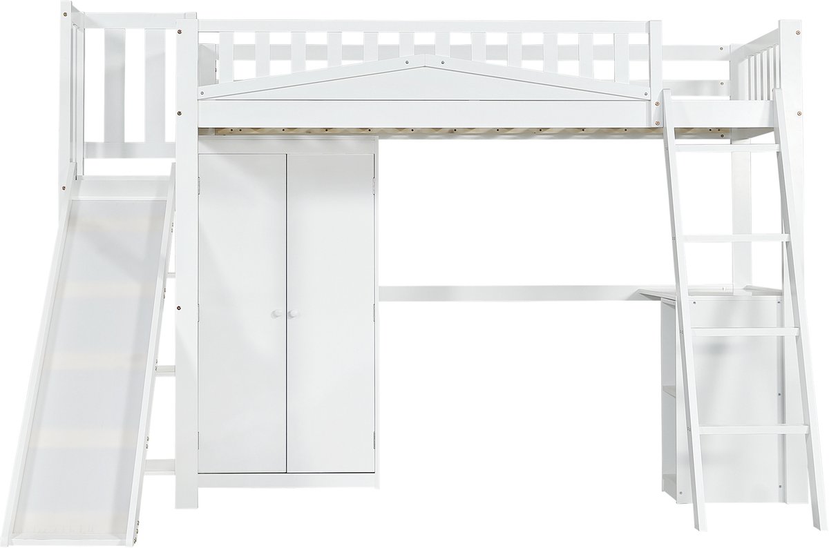 Sweiko Hoogslaper - 90x200 cm - met Tafel + Kleerkast + Glijbaan - Den + MDF - Wit