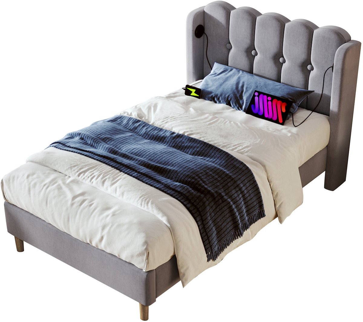Merax Gestoffeerd Bed 90x200 cm – Inclusief Matras - USB Type-C Oplaadfunctie - Bedframe met Lattenbodem - Linnen Bekleding – Grijs – Ideaal voor Slaapkamer & Logeerkamer