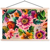 Posterhanger incl. Poster 150x100 cm - Schoolplaat - Bloemen - Kleurrijk - Roze - Textielposter - Blanke latten