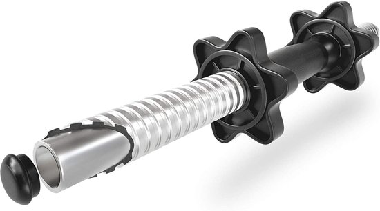 Detail van halterstang met schroefdraad, zwarte knop en ster-sluiting.