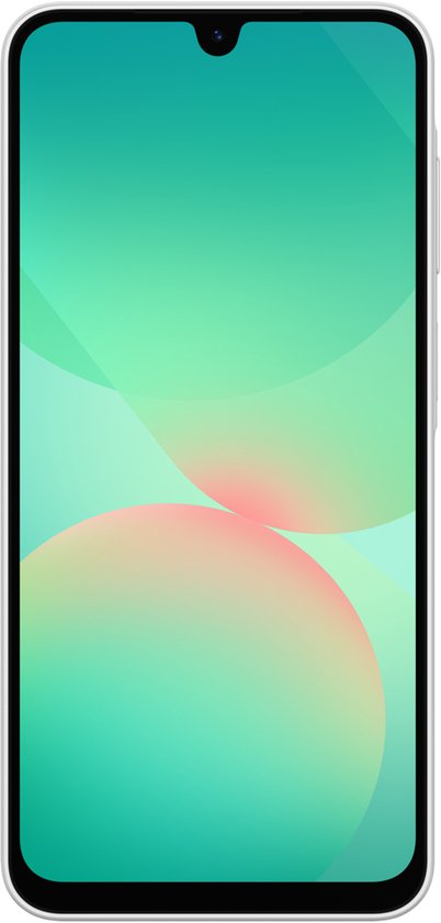 Witte Samsung smartphone, van voren getoond, met een druppelvormige inkeping en een abstracte achtergrond op het scherm.