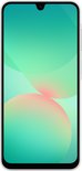 Witte Samsung smartphone, van voren getoond, met een druppelvormige inkeping en een abstracte achtergrond op het scherm.