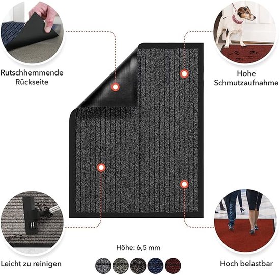 KARAT Kokosdeurmat, deurmat, vuil-vasthoudende mat, kokosmat met antislip achterkant (grijs, 40 x 60 cm, 1,7 cm dik