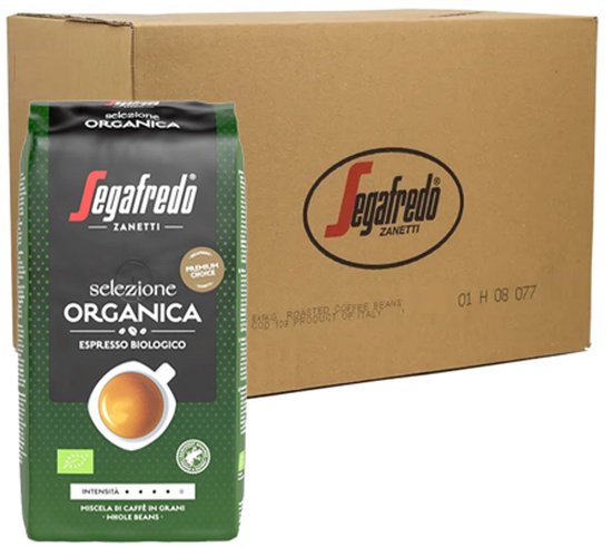 Pak Segafredo Selezione Organica biologische espressobonen, met een afbeelding van een kopje koffie.