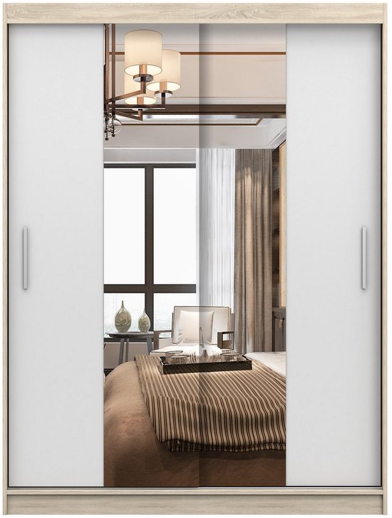 Schuifdeurkast LARA 01 – 2-deurs kledingkast met spiegel, legplanken en kledingroede – modern design – 150x200x61 cm - LARA 01 (Sonoma + Wit)