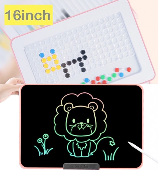 Foto: Multifunctioneel lcd tekentablet kinderen 16 inch draagbaar kleurenscherm tweezijdig ontwerp magnetisch kralenspel lcd schrijfbord kids tablet drawing tablet kindertablet tekenpad drawing pad roze 