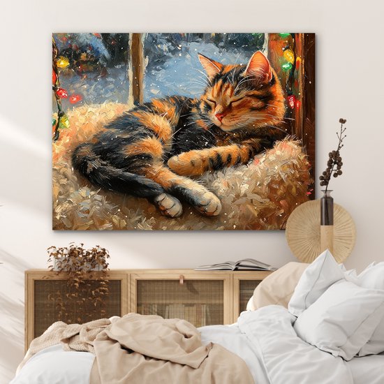 Tableau aluminium 120x90 cm - Décoration murale métal - Chat - Noël - Hiver - Animal - Décoration murale métallique salon - Décoration industrielle - Photo sur dibond - Accessoires industriels chambre à coucher