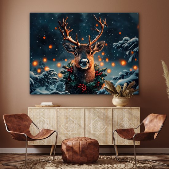 Tableau aluminium 160x120 cm - Décoration murale métal - Cerf - Noël - Hiver - Neige - Couronne de Noël - Décoration murale métal salon - Décoration industrielle - Photo sur dibond - Accessoires industriels chambre