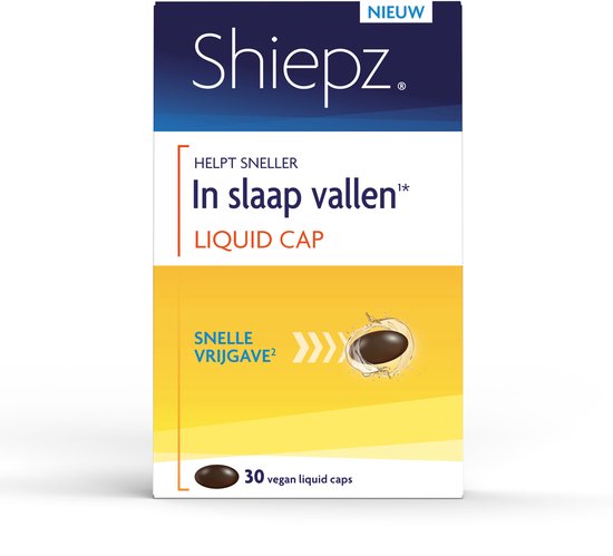 Een doosje Shiepz 'Helpt sneller in slaap vallen liquid cap' met een afbeelding van een capsule in water.