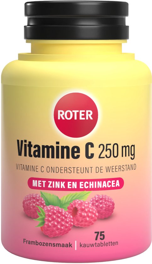Gele fles met zwarte dop. Label 'ROTER Vitamine C 250 mg', met frambozen en 'MET ZINK EN ECHINACEA'. Frambozensmaak, 75 kauwtabletten.