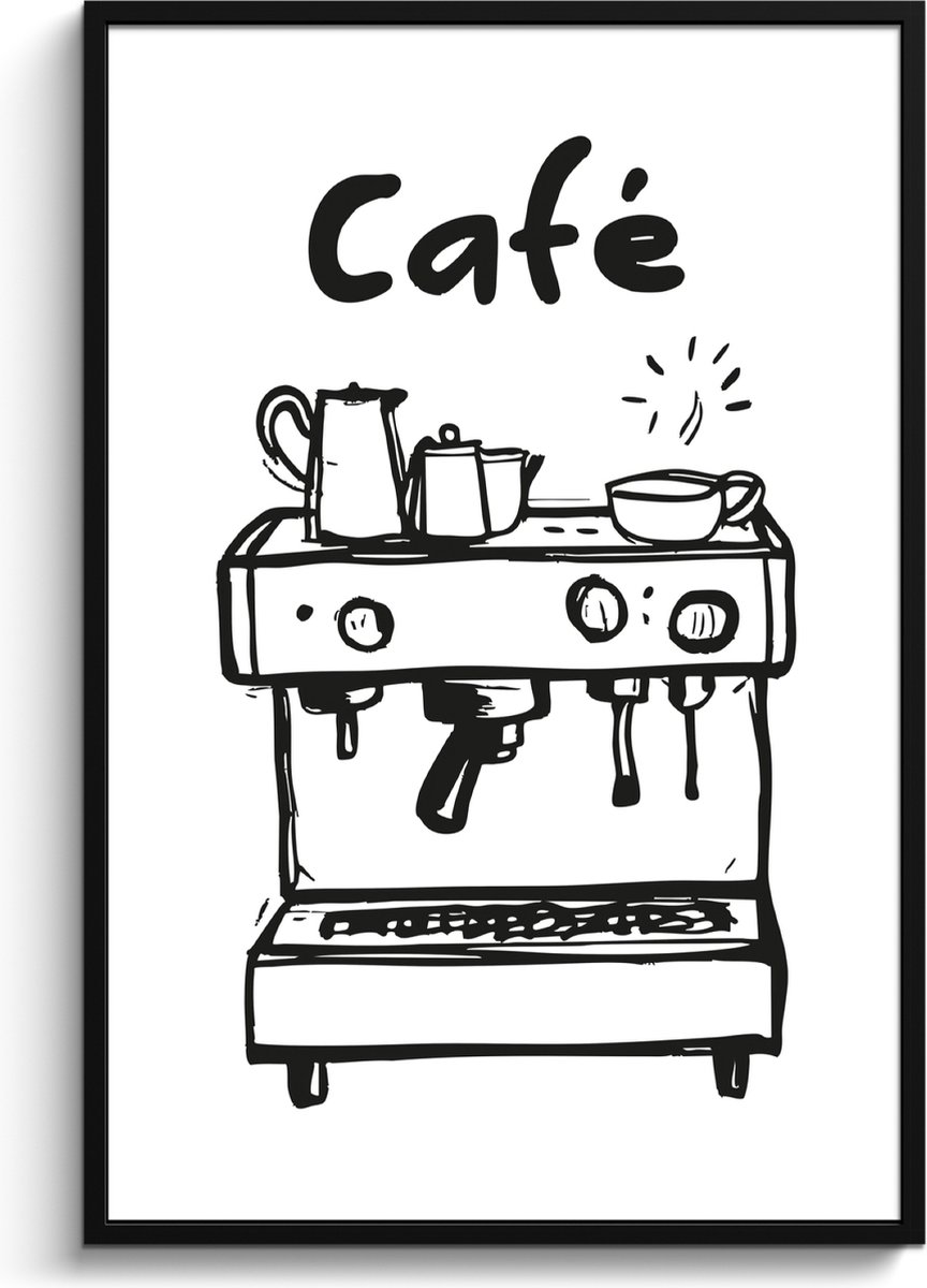 FrameYourWall Fotolijst inclusief poster - Posterlijst 80x120 cm - Posters - Illustratie - Café - Koffiemachine - Kopjes - Foto in lijst - Keuken decoratie muur - Wanddecoratie accessoires - Muurdecoratie - Schilderijen