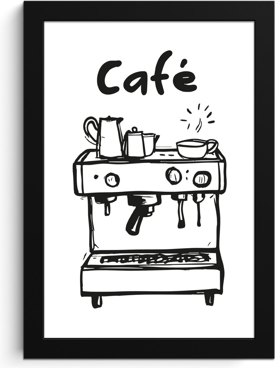FrameYourWall Fotolijst inclusief poster - Posterlijst 20x30 cm - Posters - Illustratie - Café - Koffiemachine - Kopjes - Foto in lijst - Keuken decoratie muur - Wanddecoratie accessoires - Muurdecoratie - Schilderijen