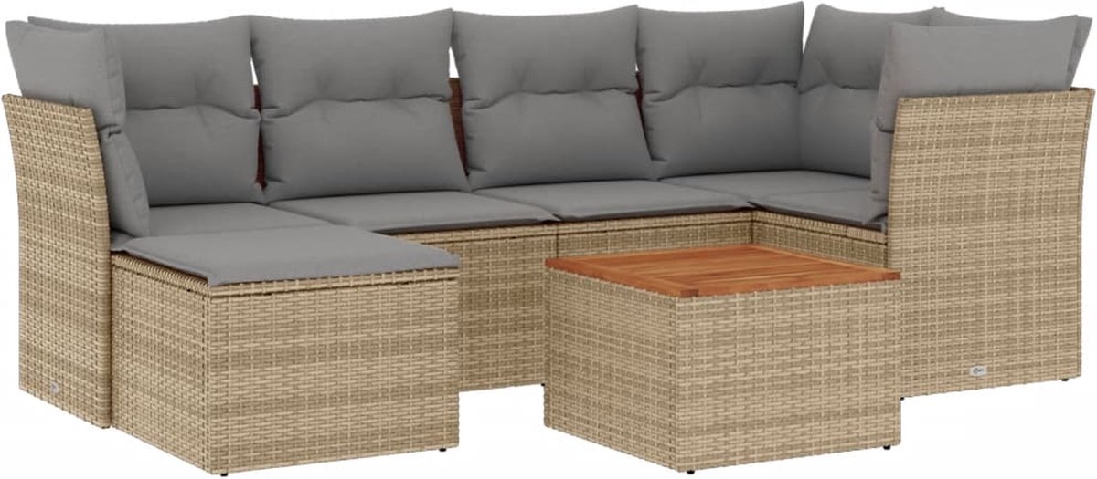 The Living Store 7-delige Loungeset met kussens poly rattan gemengd beige - Tuinlounge - Lounge Set - Buitendecoratie - Loungebank - Relaxfauteuil