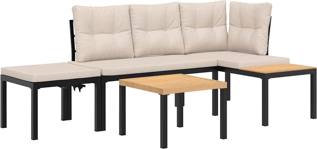 The Living Store 4-delige Loungeset met kussens gepoedercoat staal zwart - Tuinstoel - Lounge Set - Buitendecoratie - Tuinbank - Bistrotafel