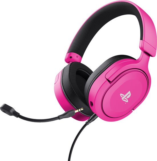 Roze gaming headset met PlayStation logo en microfoon aan de rechterkant.