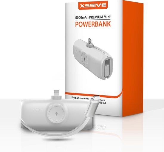 Mini Powerbank 5000 mAh - Compatible avec iPhone /iPad avec port Lightning et Apple Watch - Câble de charge rapide USB-C intégré pour iPhone 16 Pro Max - Chargeur sans fil pour Series 1-10/SE/ Ultra - Chargeur Fast 20 W - Compact et léger - Wit