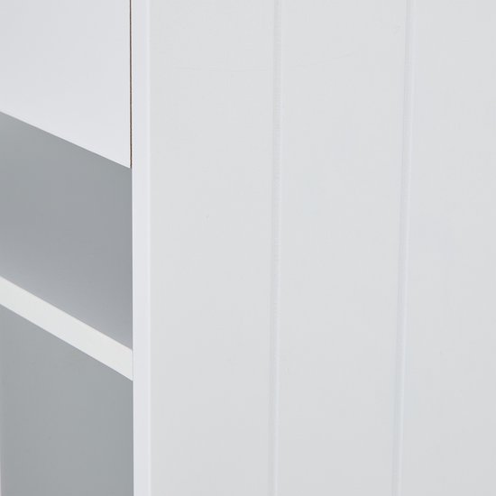 Detail van een witte opbergkast met verticale groeven en schaduw.