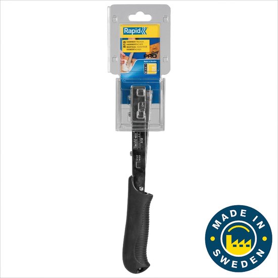 Verpakte tacker met zwart handvat, 'Made in Sweden' logo