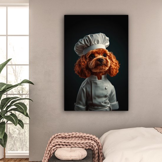 Canvas schilderij 80x120 cm - Exclusieve wanddecoratie Bruin - Kok - Hondje - Muurdecoratie woonkamer - Slaapkamer decoratie - Kamer accessoires - Schilderijen op canvas