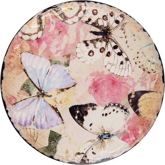 Een ronde onderzetter met een print van roze bloemen en diverse vlinders, waaronder witte en blauwe vlinders met gouden accenten.