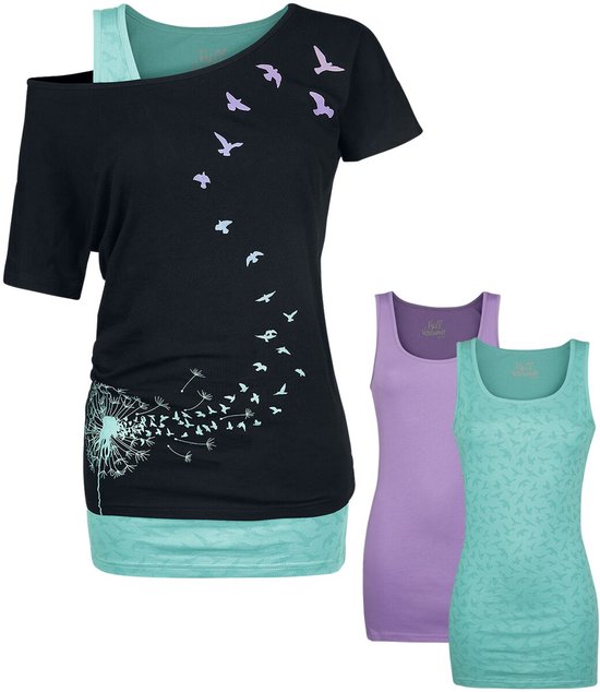 Full Volume Zwart t-shirt in dubbellaagse look met twee topjes - Dames - M