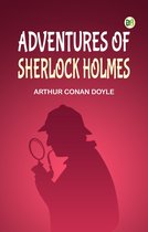 Boekomslag van "Adventures of Sherlock Holmes" door Arthur Conan Doyle met silhouet van Sherlock Holmes met vergrootglas en pijp.