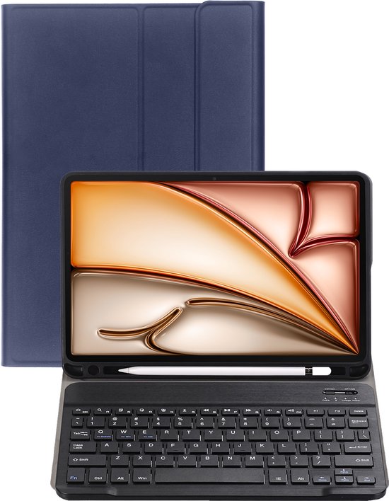 Étui pour tablette bleu foncé avec une tablette dotée d'un stylet et d'un clavier dans un étui noir.